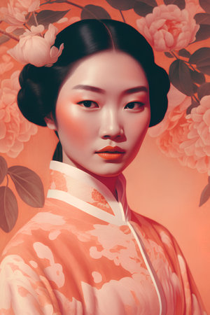 Beautiful asian woman in kimono with peony flowersの素材