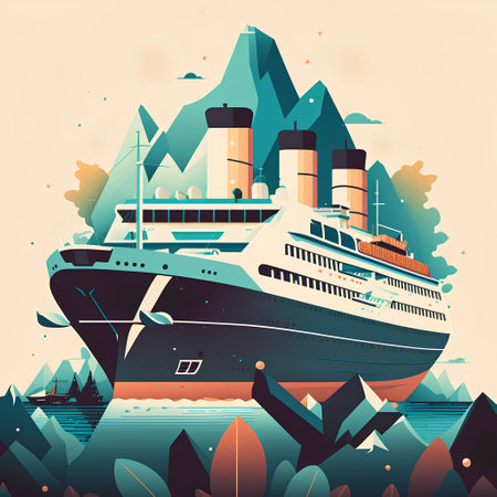 Cruise ship on the background of the mountains. Vector illustration.の素材