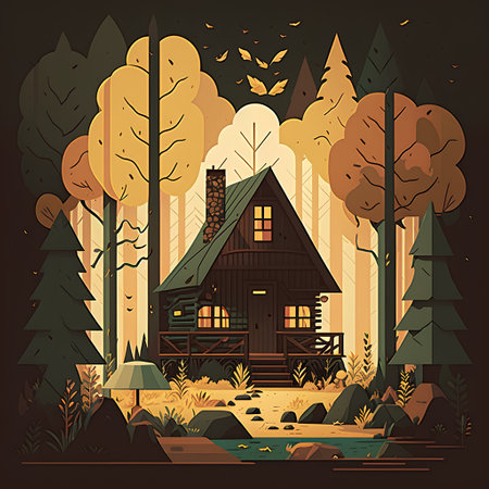 Wooden house in the forest. Vector illustration in flat style.の素材