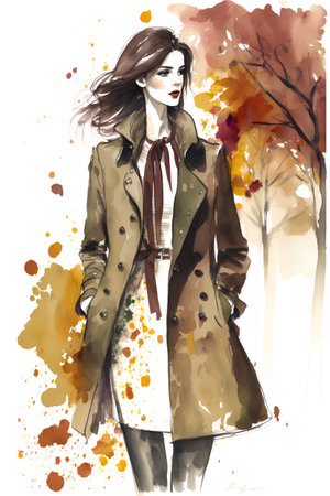 Fashion woman in autumn coat. Watercolor hand drawn illustration.の素材