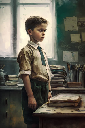 Portrait of a boy in school uniform sitting at the table with books.の素材