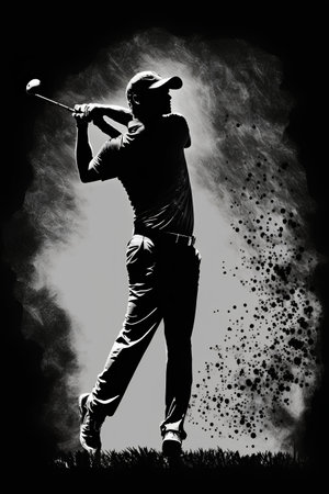 Golfer hitting a shot with a club against a black backgroundの素材