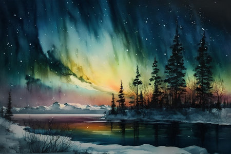 Winter landscape with aurora borealis in the night sky. Digital paintingの素材
