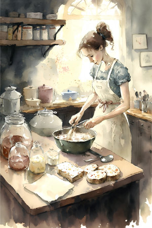 Young woman cooking pancakes in the kitchen. Watercolor style illustration.の素材