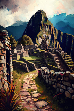 Machu Picchu Inca ruins in Peru. Digital painting.の素材