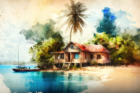 Beautiful tropical island with old wooden house on watercolor painting backgroundの素材