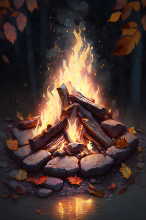Burning bonfire in the autumn forest. 3D illustration.の素材