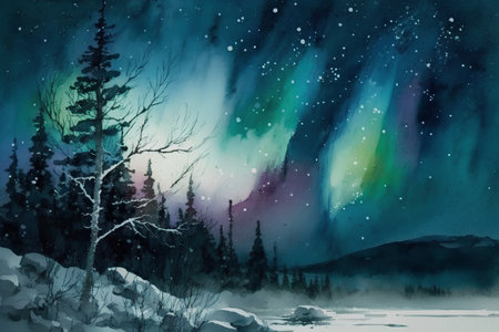 Winter landscape with northern lights and a frozen lake. Digital painting.の素材