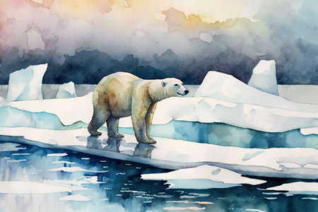 Polar bear on the ice floe. Watercolor illustration.の素材