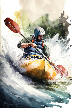 Watercolor illustration of a man kayaking on the river. Watercolor painting.の素材