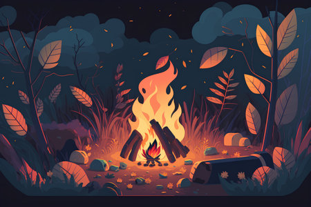 Burning campfire in the forest at night. Vector illustration.の素材