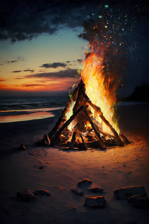 Burning bonfire on the beach at sunset. Digital painting.の素材