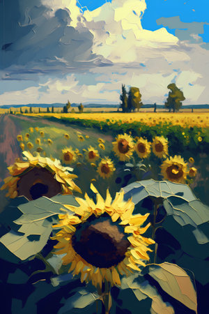 Beautiful sunflowers in the field. Digital painting illustration.の素材