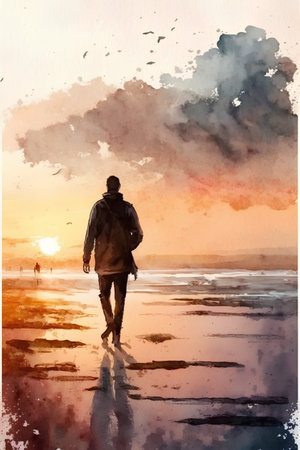 Man walking on the beach at sunset. Digital watercolor painting.の素材