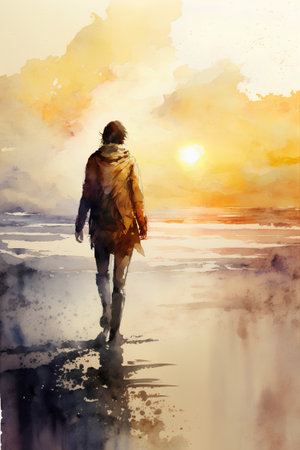 Digital painting of a woman walking on the beach at sunset in winterの素材