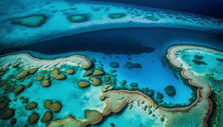 Aerial view of coral reef and blue lagoon in tropical seaの素材