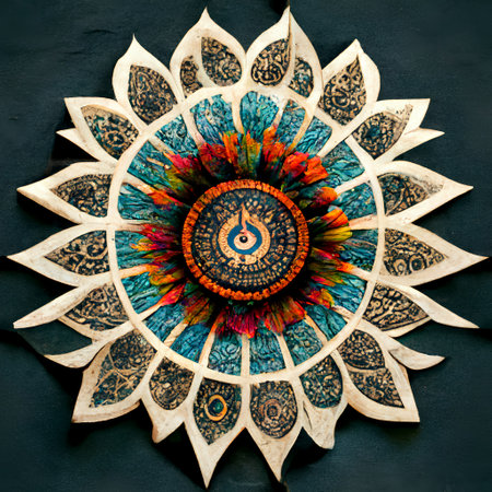 Colorful ethnic mandala on black background. Boho style.の素材