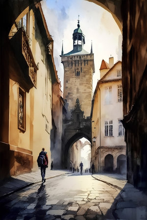 Prague, Czech Republic. Watercolor painting on canvas. Old town street.の素材