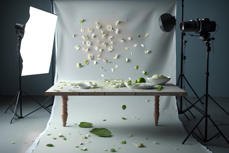 Mock up interior of photo studio with white flowers and green leavesの素材