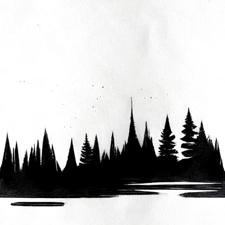 Hand drawn forest landscape. Black and white illustration. Nature background.の素材