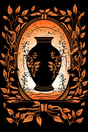 Illustration of vase with floral ornament on a dark background.の素材