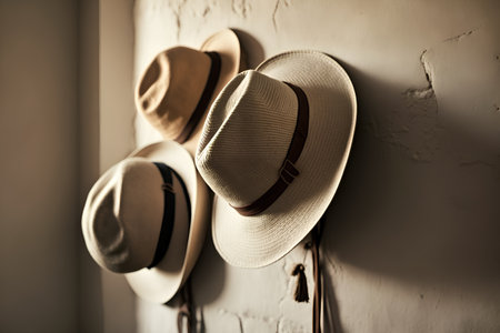 Hats hanging on a white wall in the room. Toned.の素材