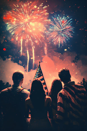 Silhouette of a group of people holding the flag of the United States of America and fireworksの素材