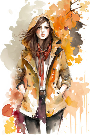 Beautiful young woman in coat and scarf. Watercolor illustration.の素材