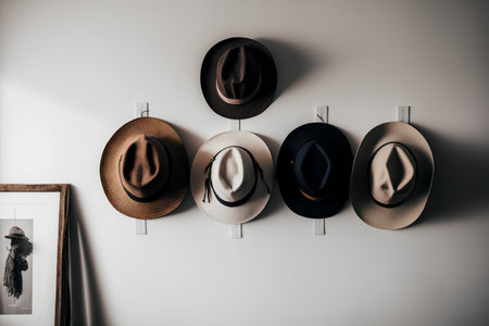 Black and brown hats hanging on a white wall in a room.の素材