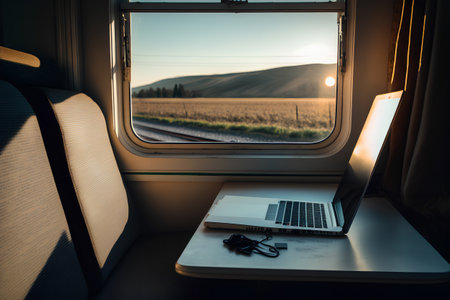 Laptop on the table in the train. Tuscany, Italyの素材