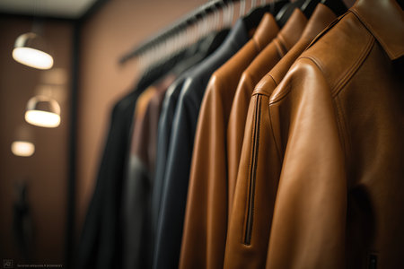 Clothing store interior with brown leather jackets on hangers. Selective focus.の素材