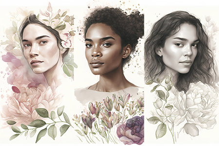 Collage with portraits of beautiful multiethnic women with flowers.の素材