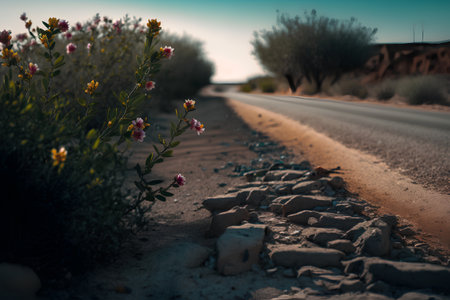 Road in the desert. Stones and flowers in the desert landscape.の素材