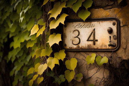 Old house number eighty-four with ivy leaves on the wallの素材