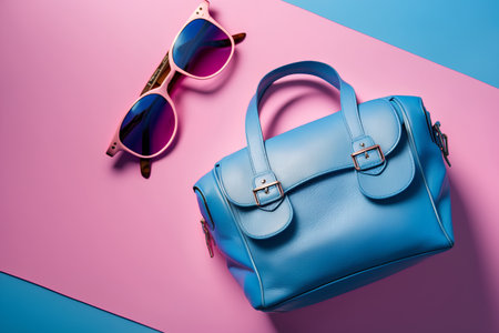Women's blue bag and sunglasses on a pink and blue background.の素材