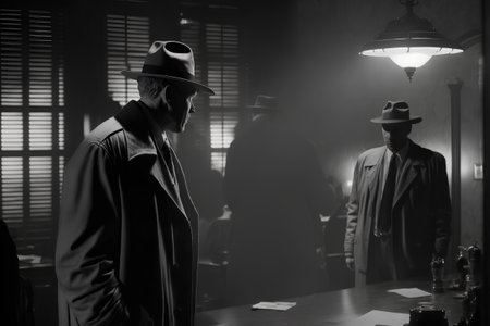 Fashion photo of a man in a hat and coat in a dark roomの素材