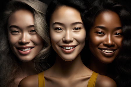 Group of smiling women with different hairstyles. Beauty and fashion.の素材
