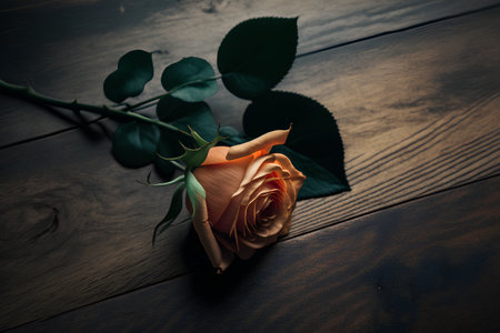 Beautiful orange rose on a wooden background. Shallow depth of field.の素材
