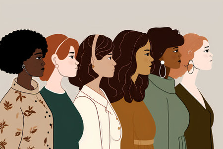 Group of women with different hairstyles. Vector illustration in a flat style.の素材