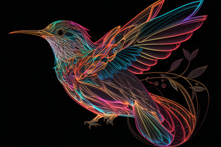 Colorful bird on a black background. Psychedelic image.の素材
