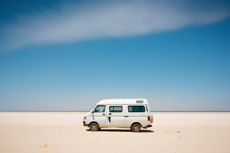 White camper van on sand dunes with blue sky and cloudsの素材