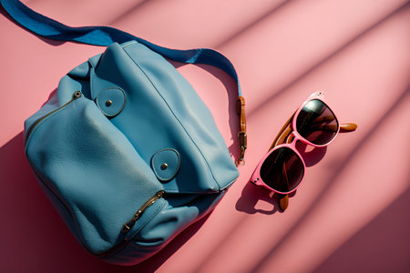 Blue bag and sunglasses on a pink background. Flat lay, top view.の素材
