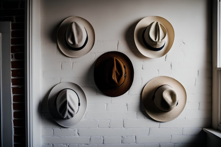 fashionable hats hanging on white brick wall in room, interior designの素材