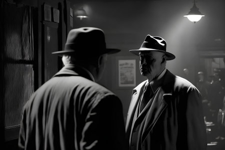 Old man in a hat and coat in a dark room at nightの素材