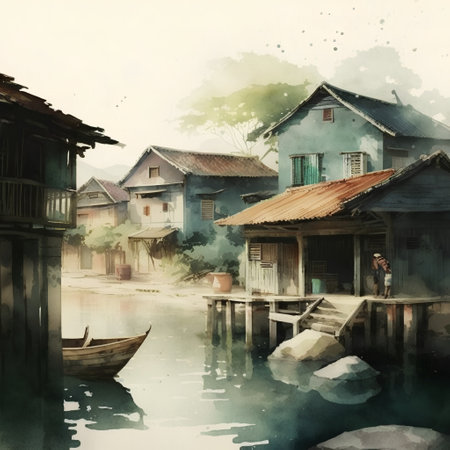 Watercolor painting of old houses on the river bank in Thailand.の素材