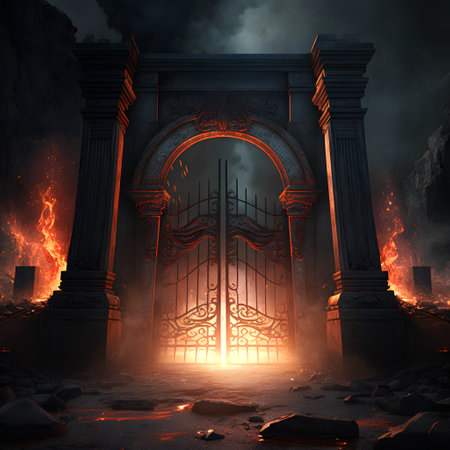 Dangerous door with fire and smoke. 3D illustration.の素材