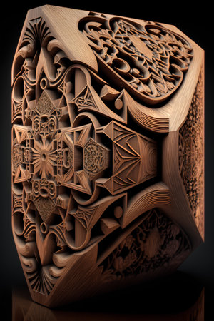 Wooden cube with ornament on a black background. 3d renderingの素材