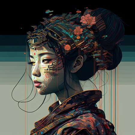 3D rendering of a beautiful Asian woman with a futuristic hairstyleの素材