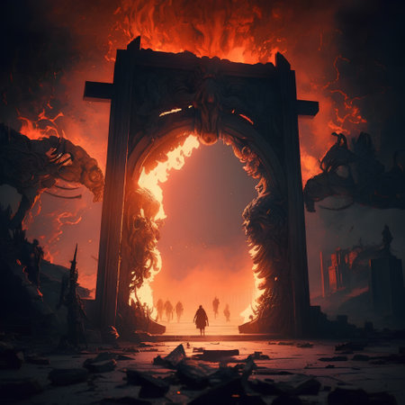 Fantasy scene with burning door to hell, 3d render illustrationの素材