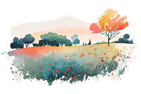 Watercolor autumn landscape with trees, grass and flowers. Vector illustration.の素材